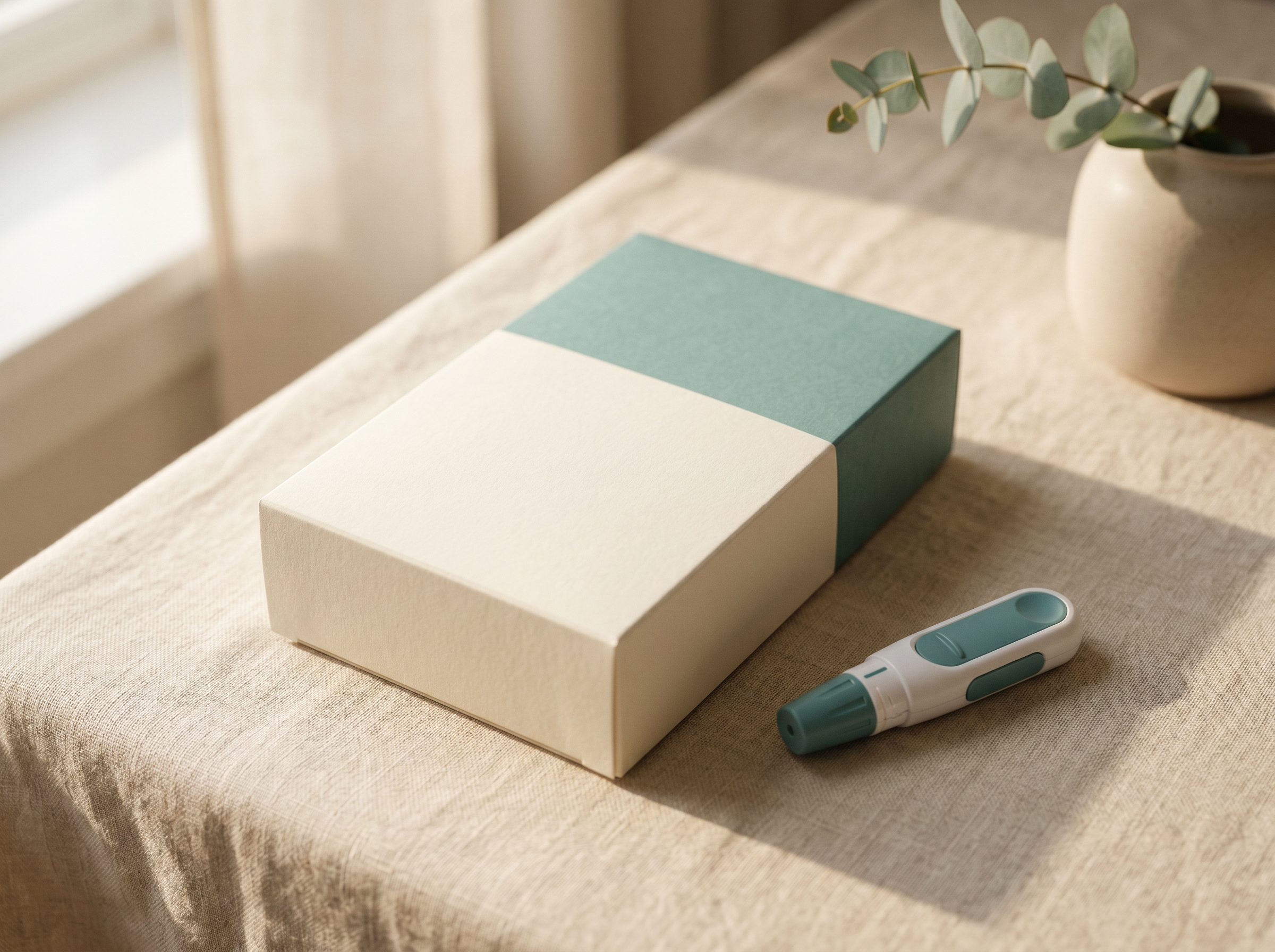 The Selvara at-home blood test kit on a linen table
