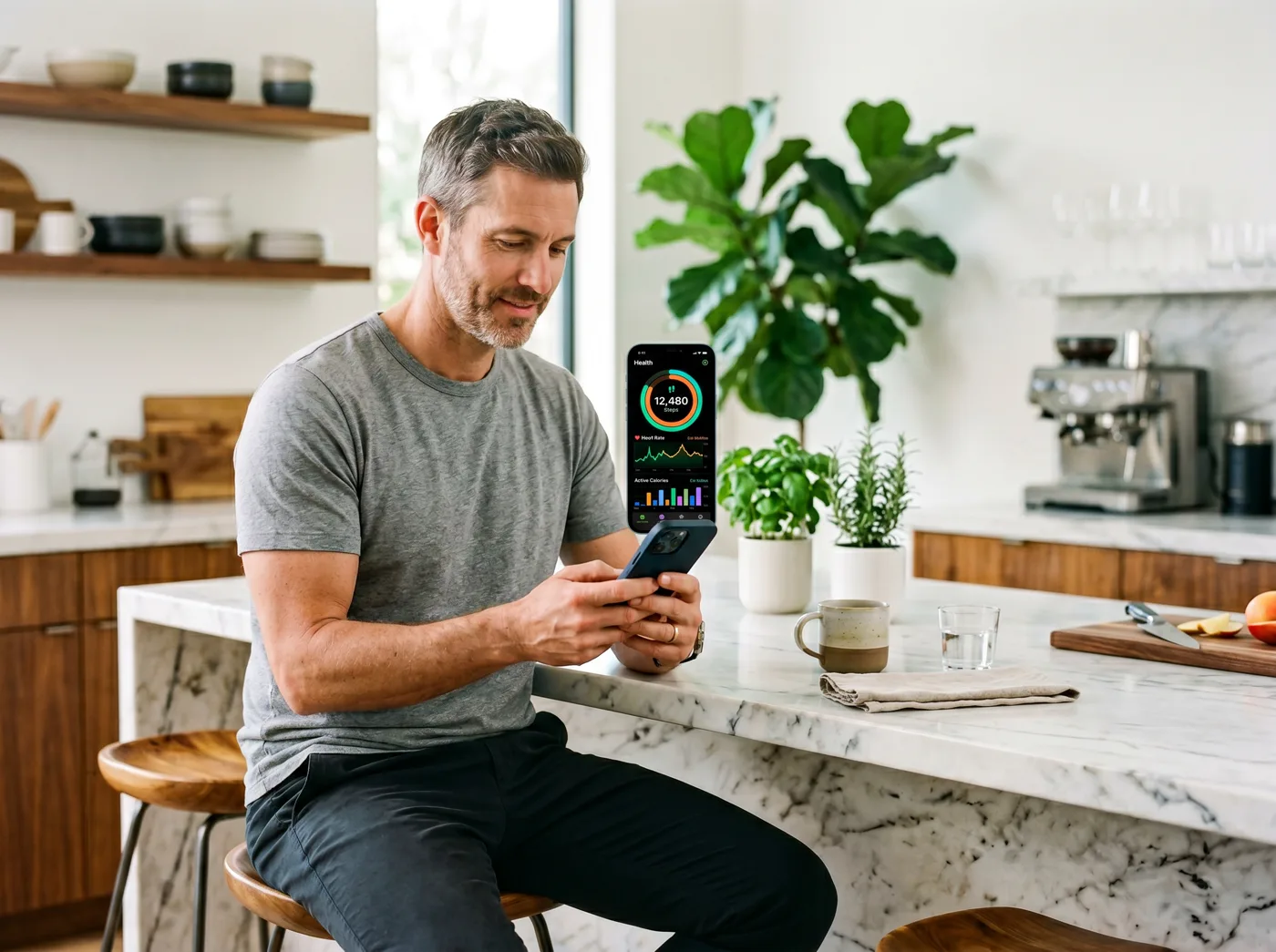 A member checking his health dashboard in a modern kitchen.