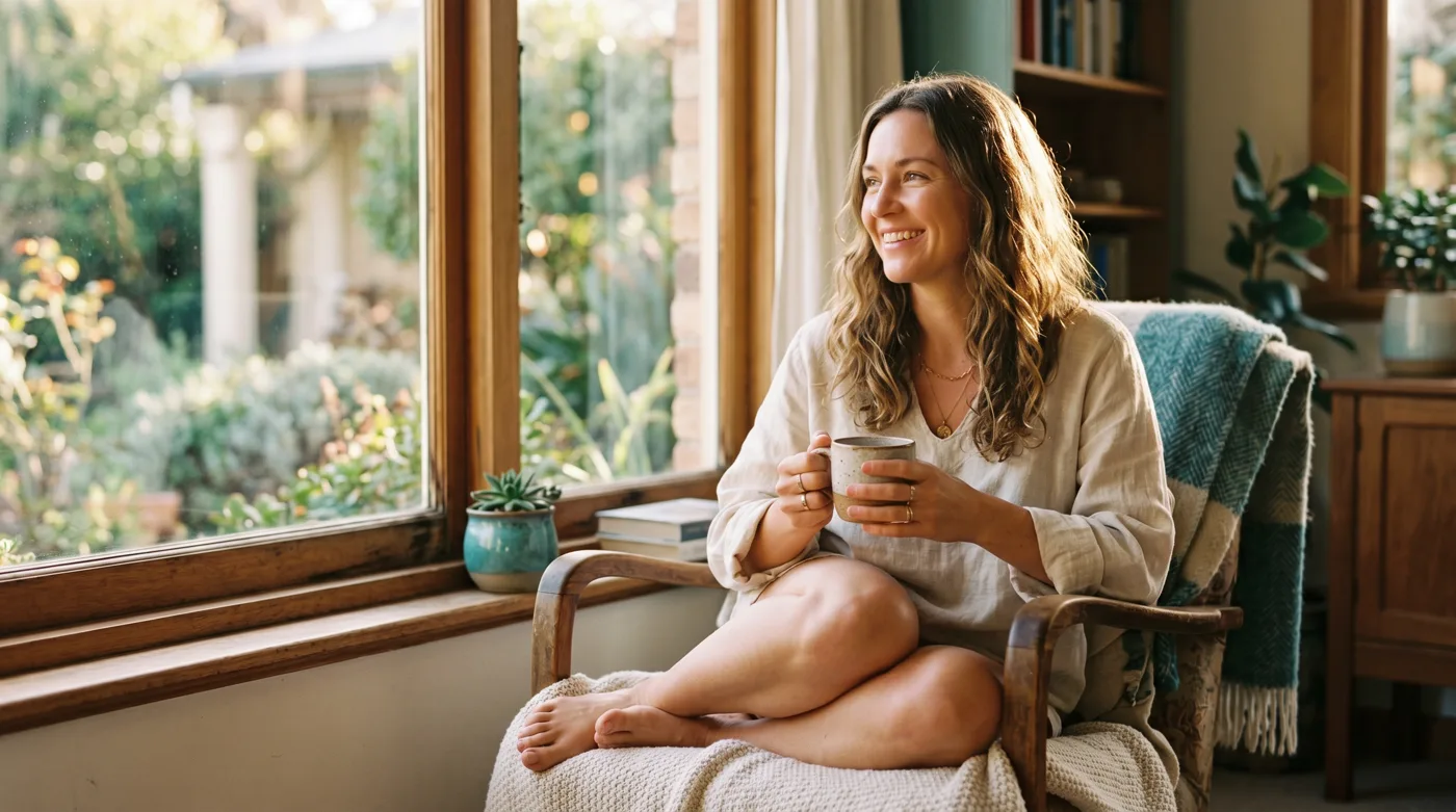 A Selvara member starting her morning with tea by a sunlit window.