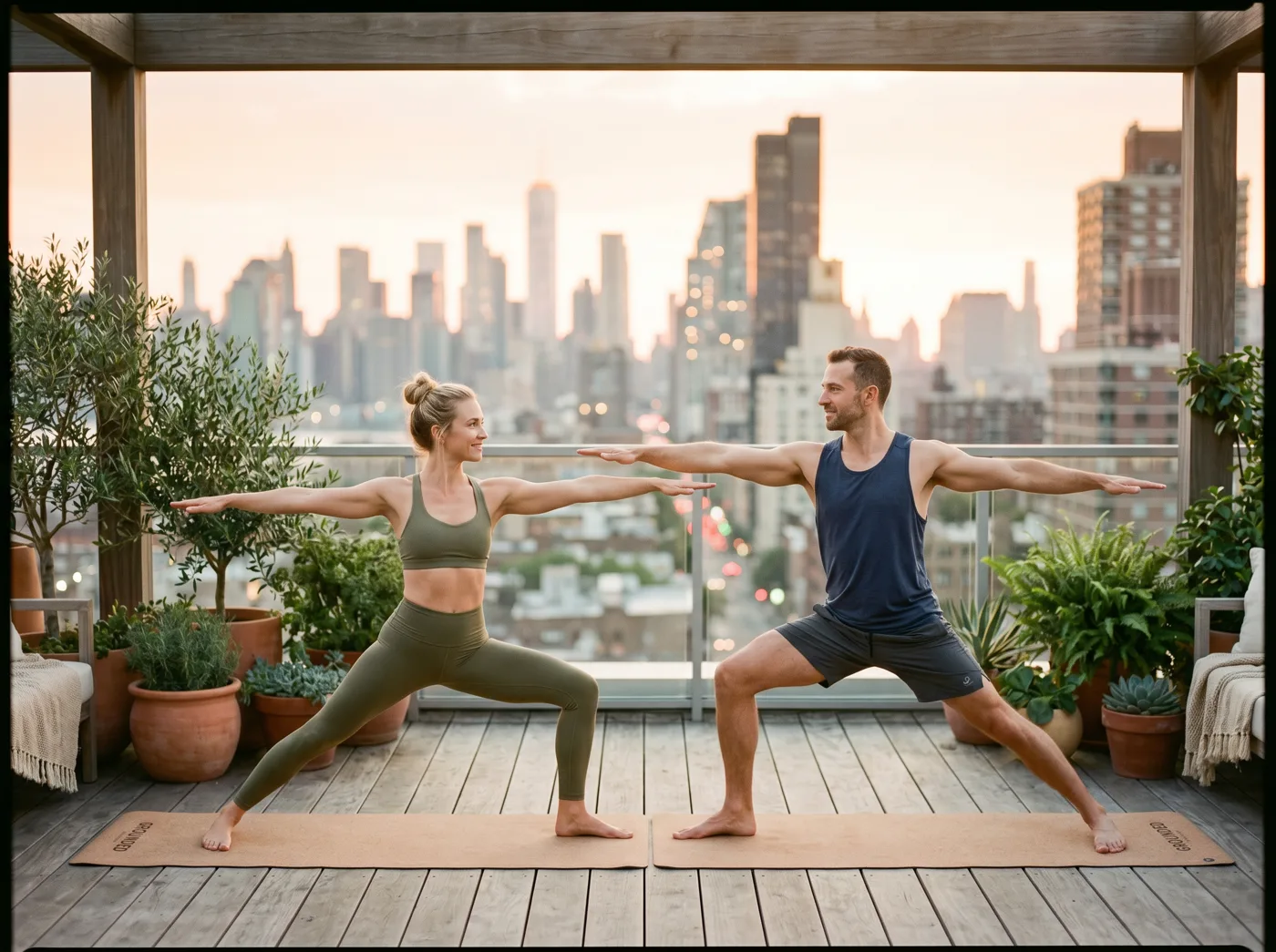 A couple practicing yoga on a rooftop at sunrise.