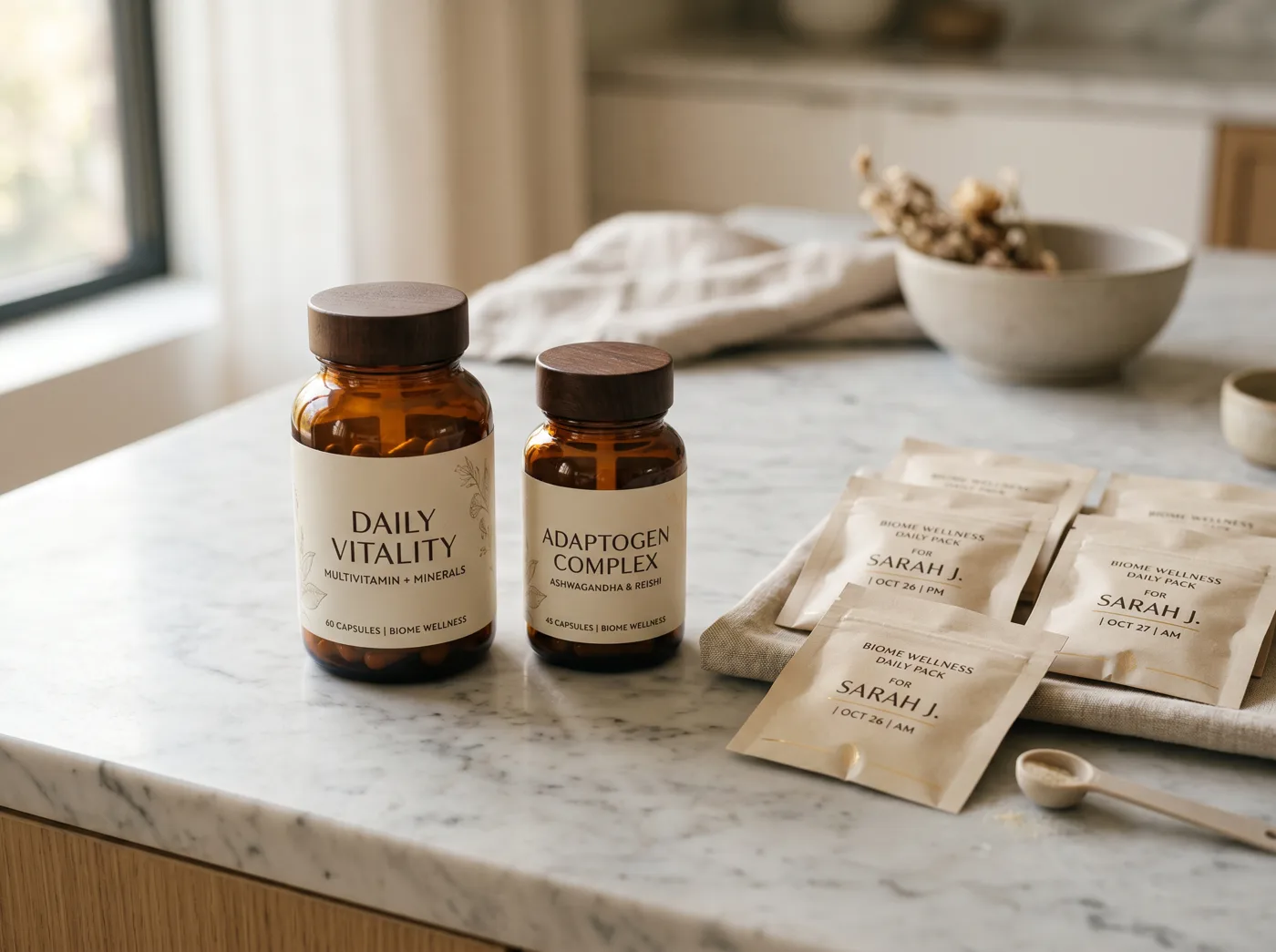 Pharmaceutical-grade supplements in amber glass bottles.