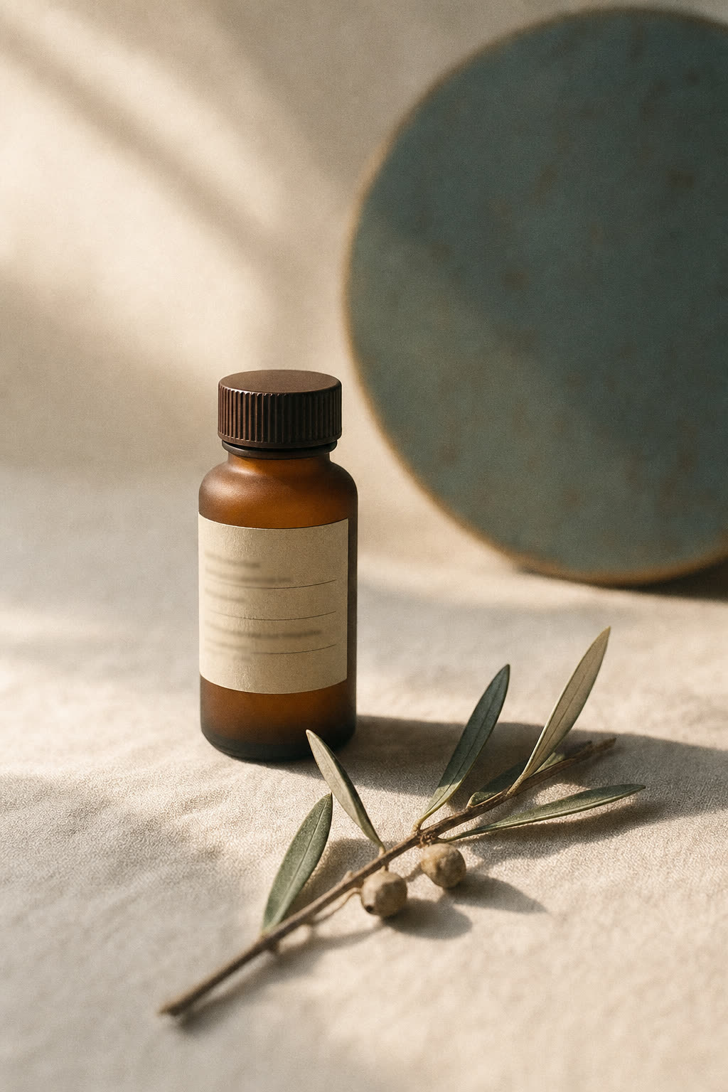 Amber prescription bottle on cream linen with olive sprig