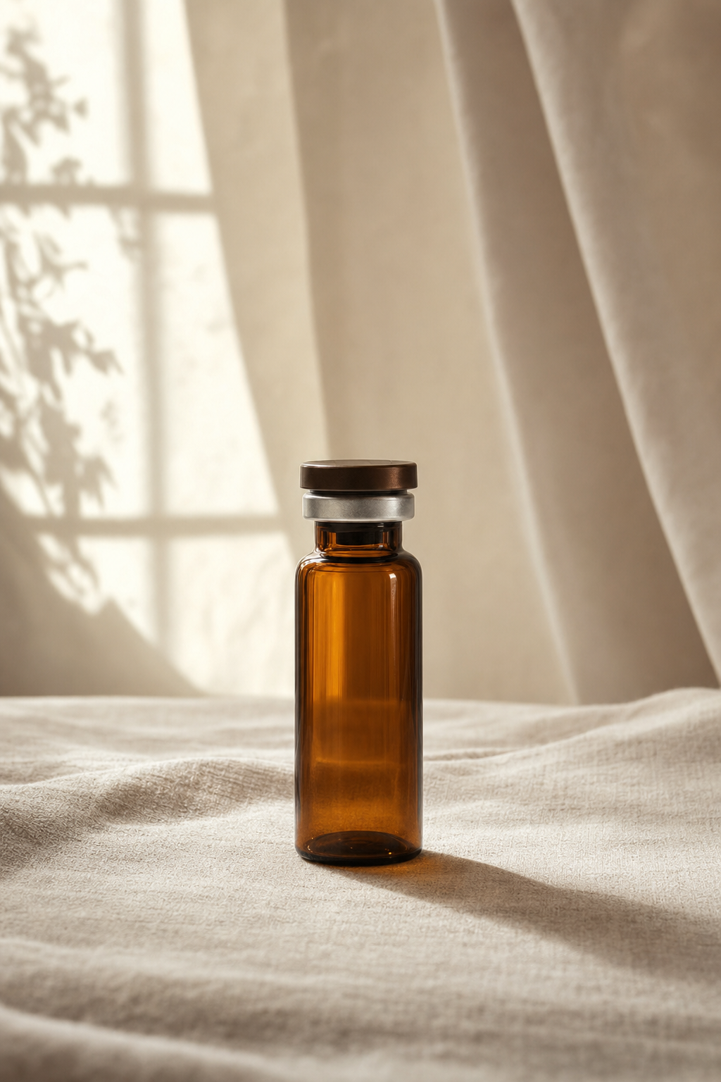 Dark amber injection vial on cream linen