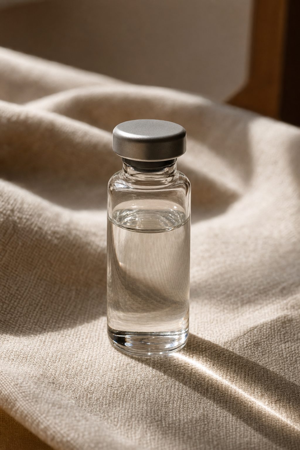 Compounded Sermorelin peptide vial on cream linen, editorial men's recovery still life
