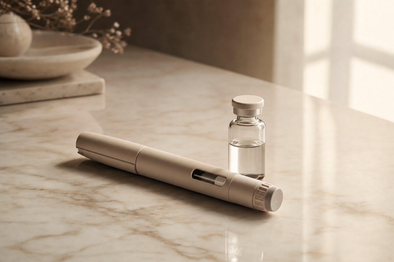 Compounded GLP-1 injection vial on cream linen, editorial men's health still life