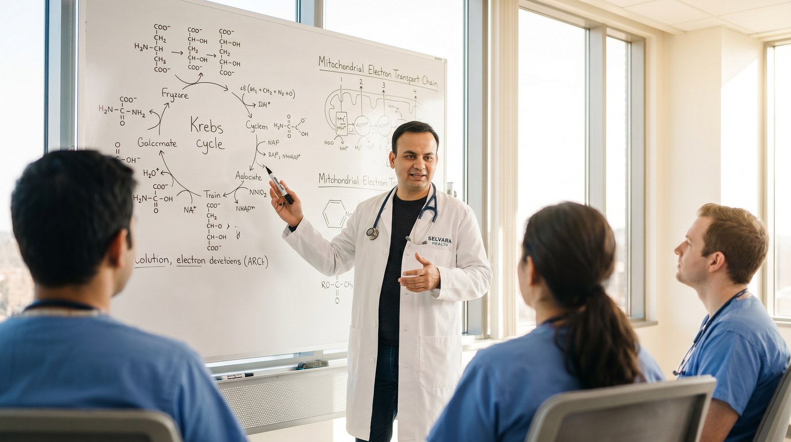 Dr. Sharma teaching medical residents at a whiteboard covered in metabolic biochemistry