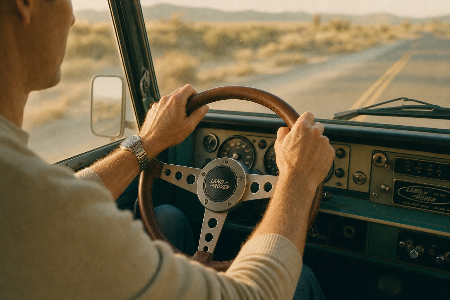 Hands on steering wheel with a stainless watch in golden hour light