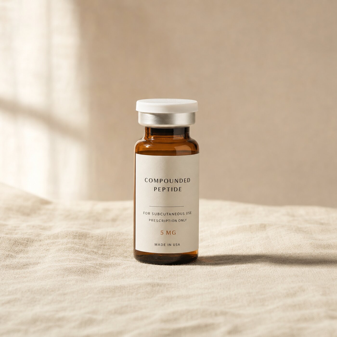 Glossy amber GLP-1 vial on cream surface