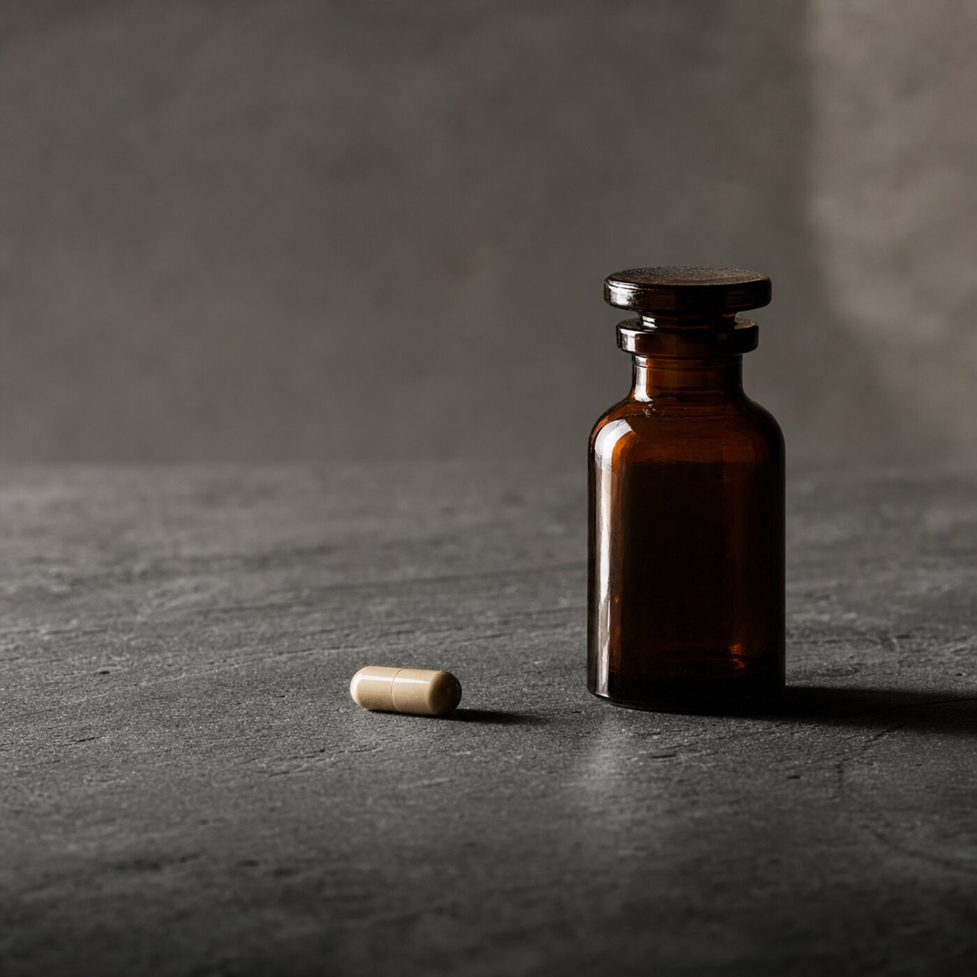 Glossy amber bottle of longevity compounds on slate