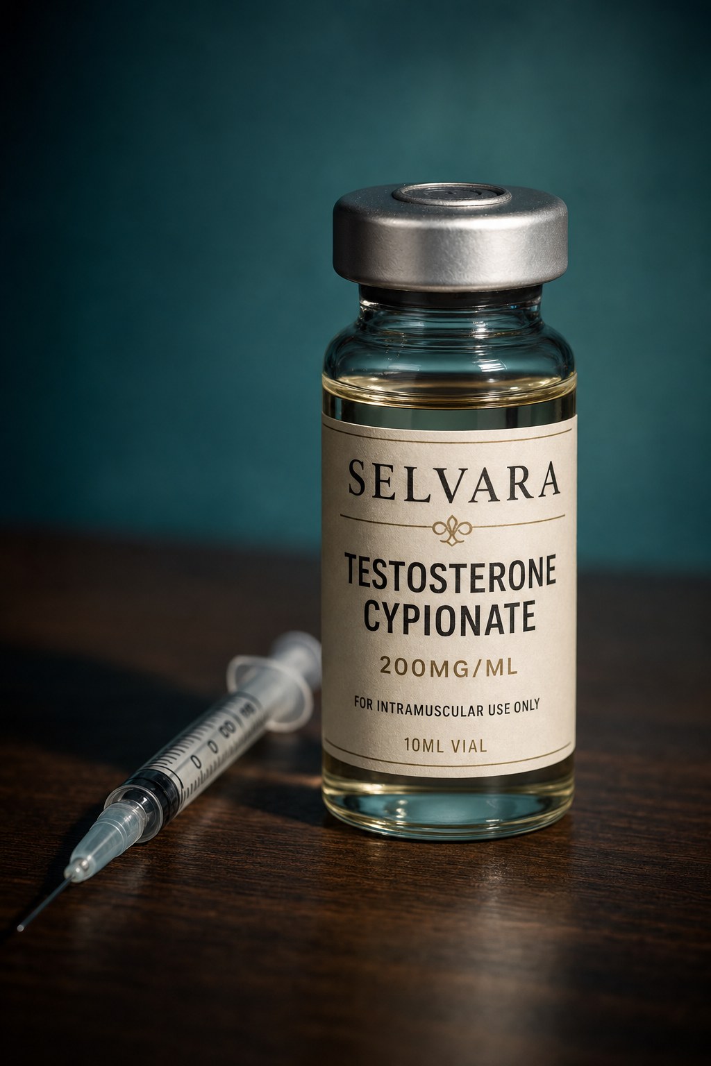 Glossy amber testosterone vial on cream surface