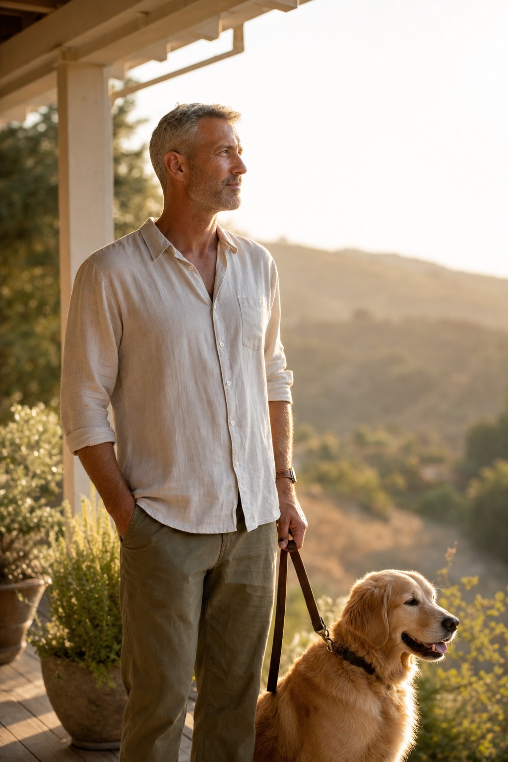 James, 47, on his porch at golden hour with his golden retriever